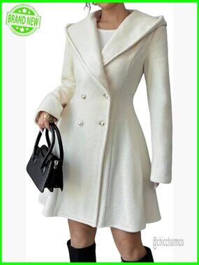 Winter Wool Pea Coat with Hood Double Breasted Slim Fit Midi Length